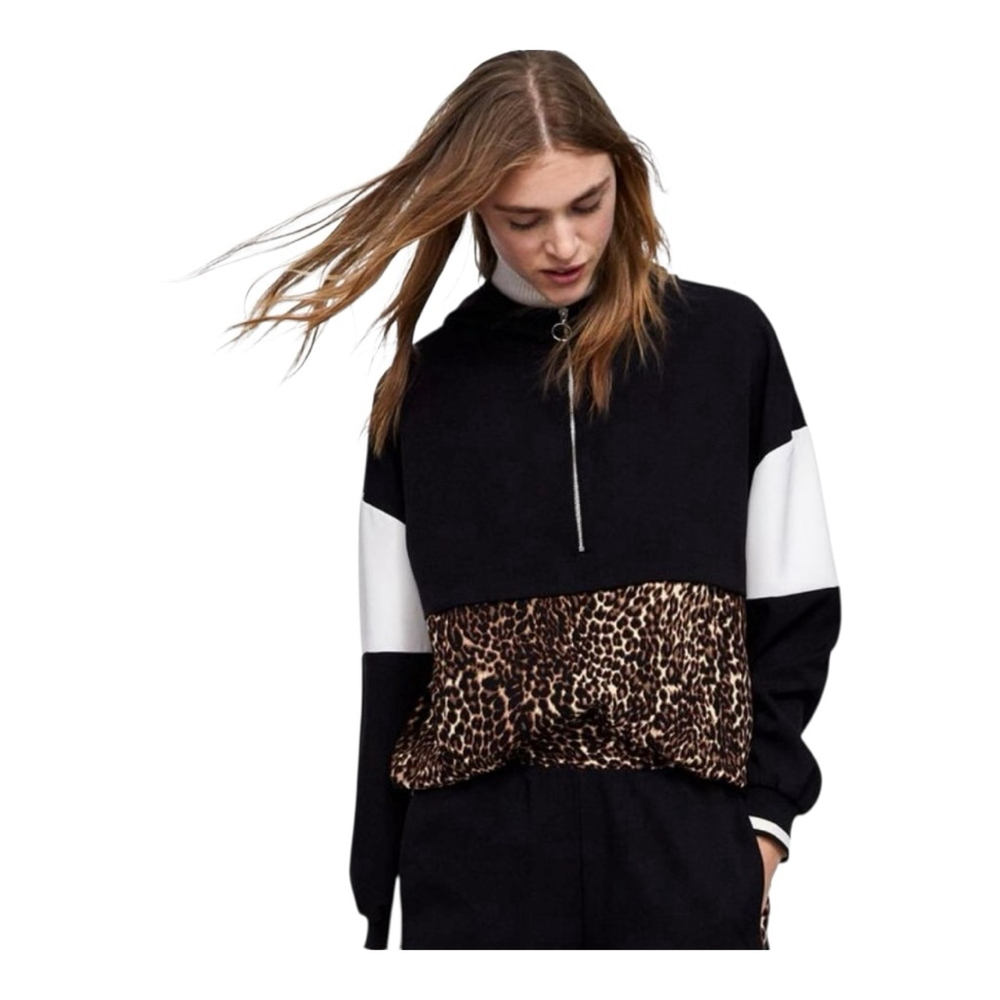 Women's Zara Basic Black, Brown & White Leopard Print Hoodie XL